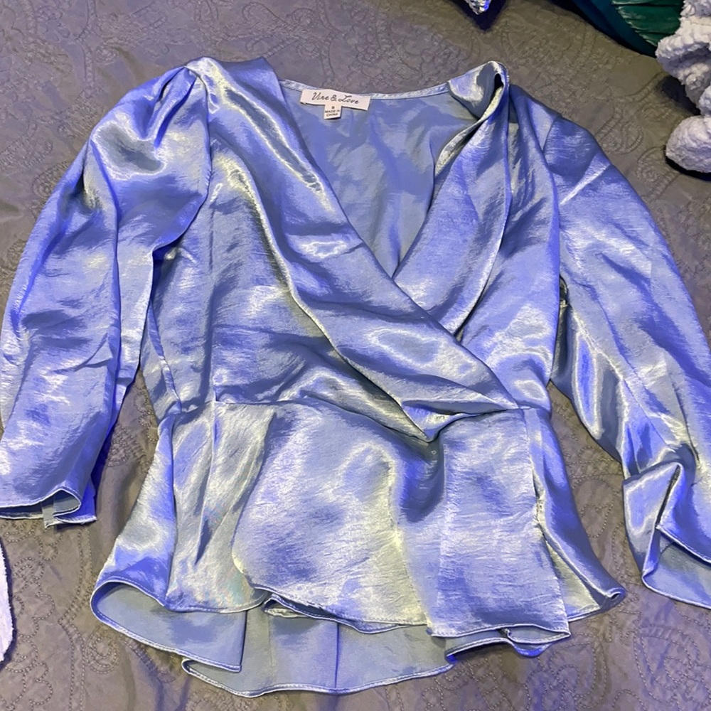 Light Blue Satin Peplum Business Top Size S